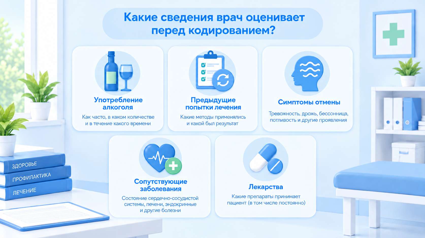 Инфографика: какие сведения о здоровье пациента оценивает нарколог перед кодированием от алкоголизма