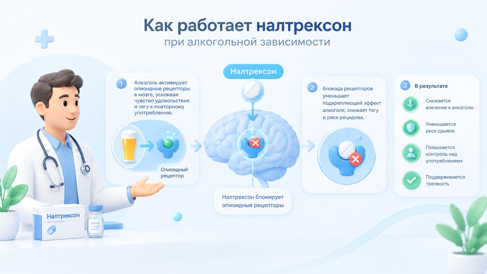 Инфографика о механизме действия налтрексона при лечении алкогольной зависимости
