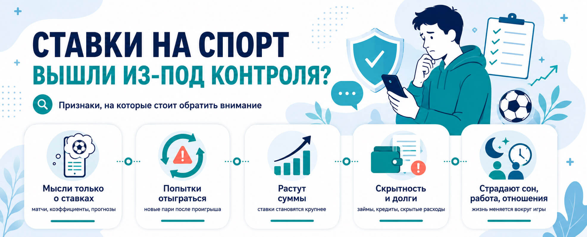 Признаки зависимости от спортивных ставок: мысли о ставках, попытки отыграться, рост сумм, долги и нарушение повседневной жизни